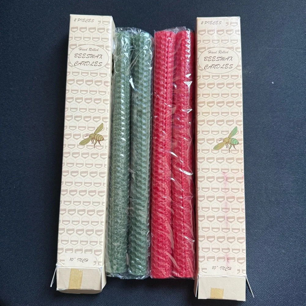 Set of 4 Hand Rolled Beeswax Candles Red and green in the Box